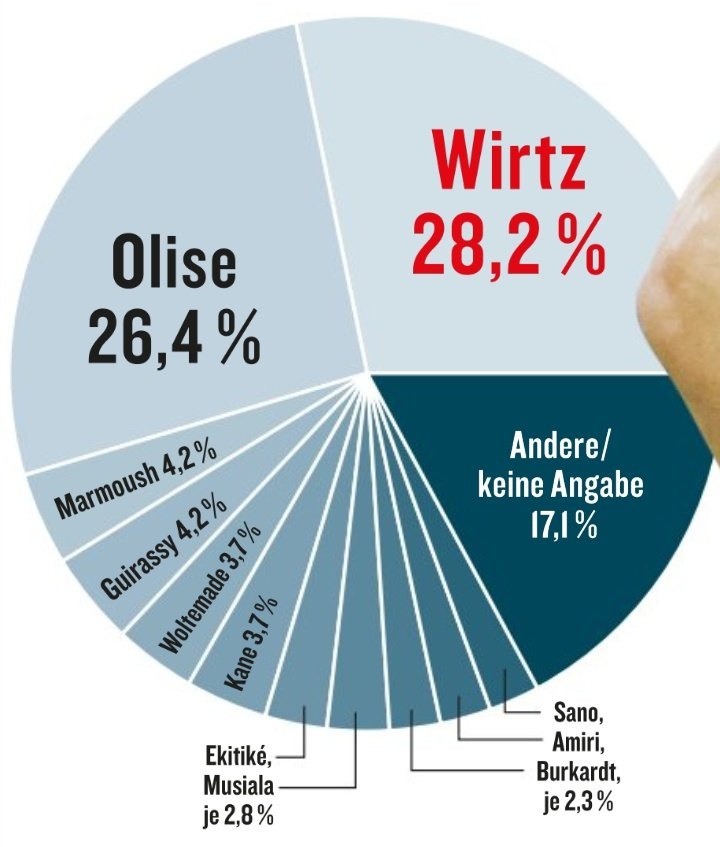 《踢球者》票選德甲賽季最佳球員：維爾茨28.2%，奧利塞第二