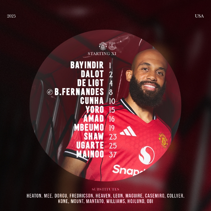 曼聯(lián)vs埃弗頓首發(fā)：姆貝莫首秀，B費、庫尼亞、阿瑪德、梅努先發(fā)