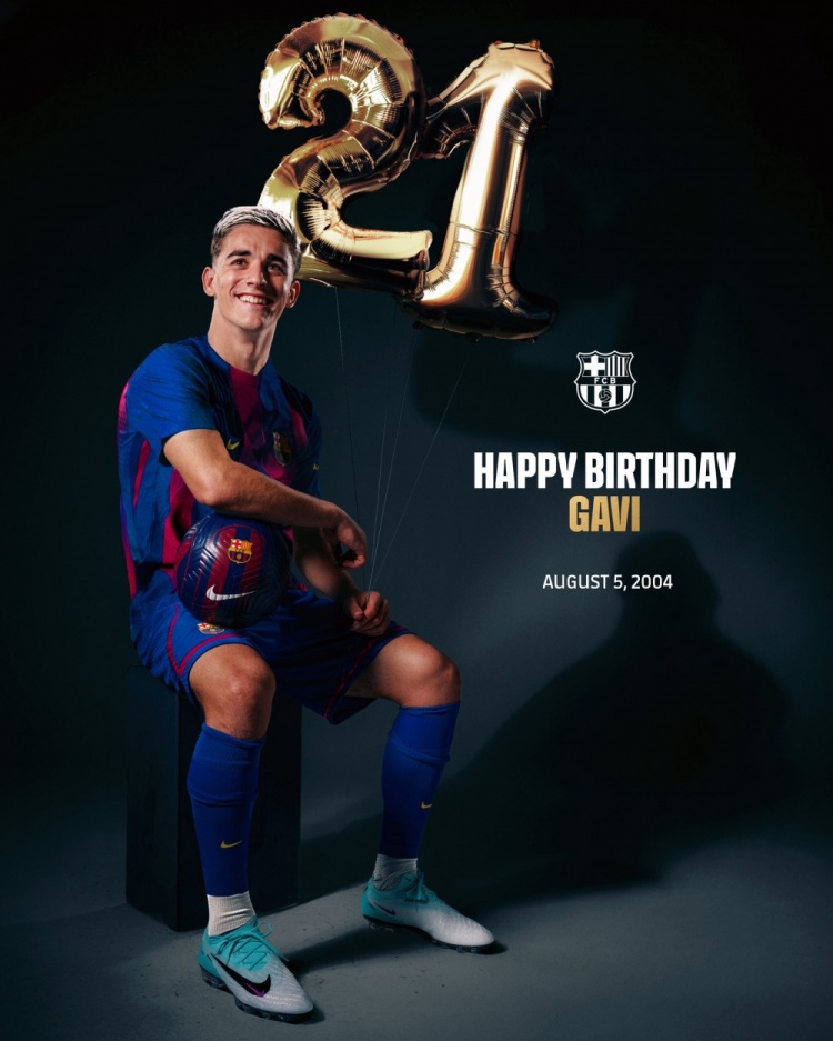 巴薩官方祝加維21歲生日快樂(lè )，球員為巴薩出戰153場(chǎng)斬獲5冠