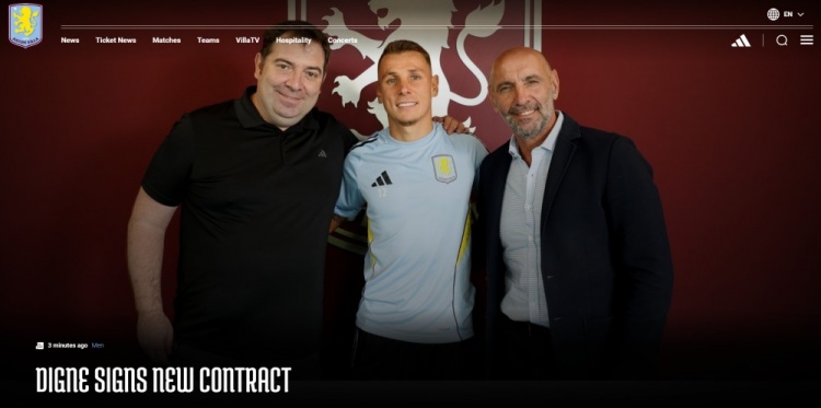 官方：阿斯頓維拉與32歲左后衛迪涅續約至2028年