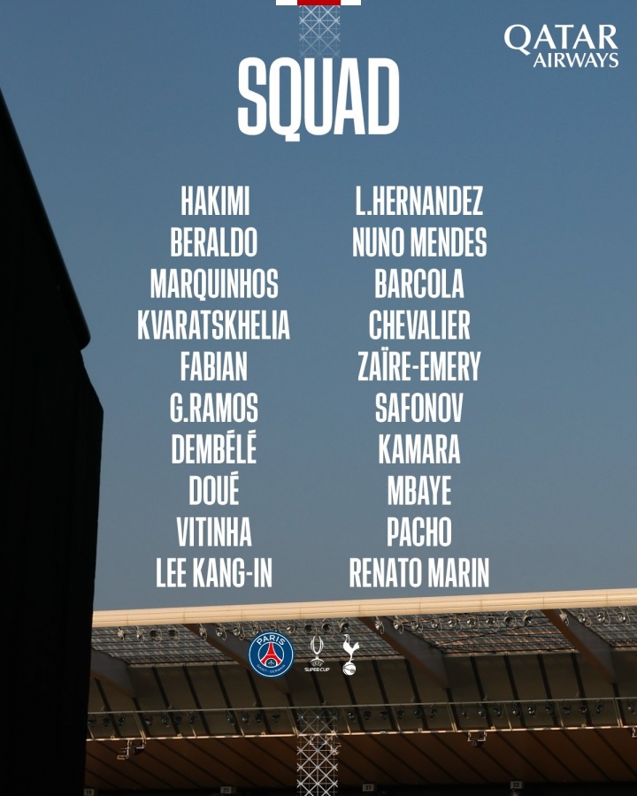 多納魯馬落選！巴黎歐超杯名單：登貝萊、杜埃、維蒂尼亞在列