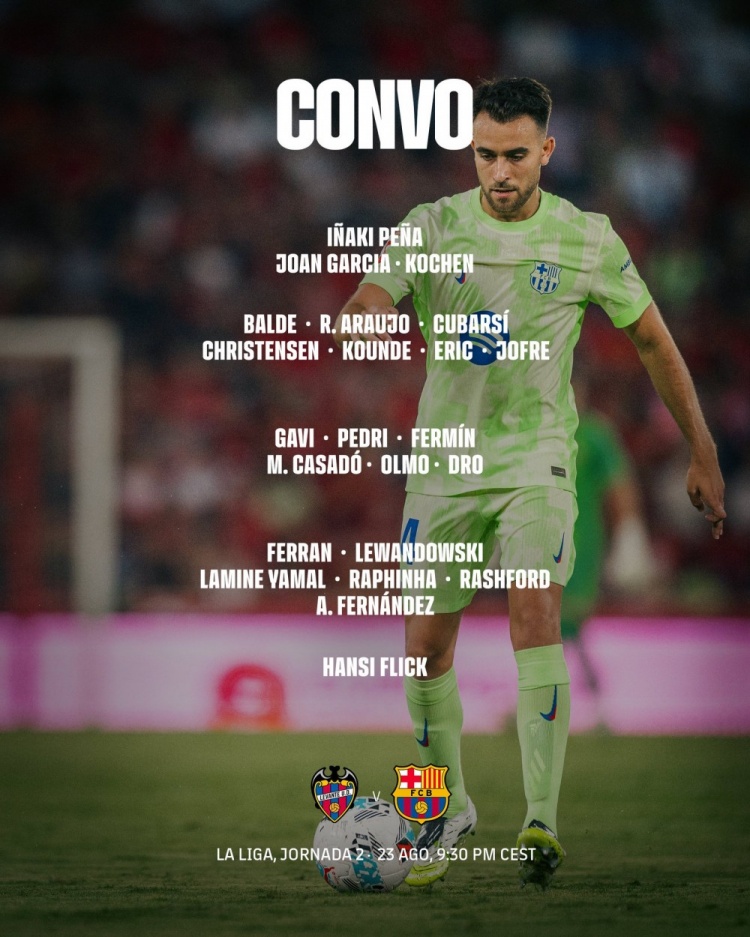 巴薩客戰萊萬(wàn)特名單：萊萬(wàn)回歸，亞馬爾、拉什福德、奧爾莫在列