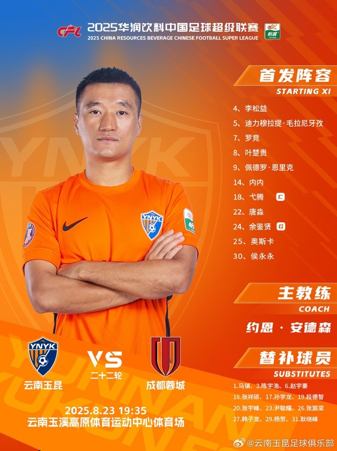 中超第22輪對陣成都蓉城，云南玉昆首發(fā)出爐！