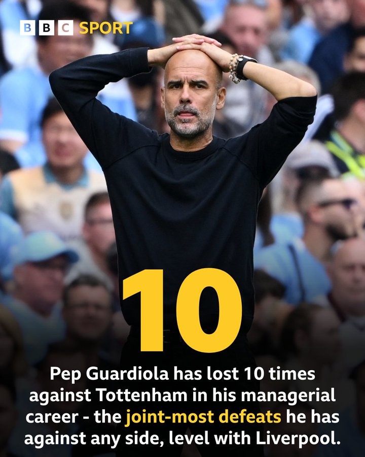 瓜帥執教生涯第10次輸給熱刺，追平利物浦并列最多