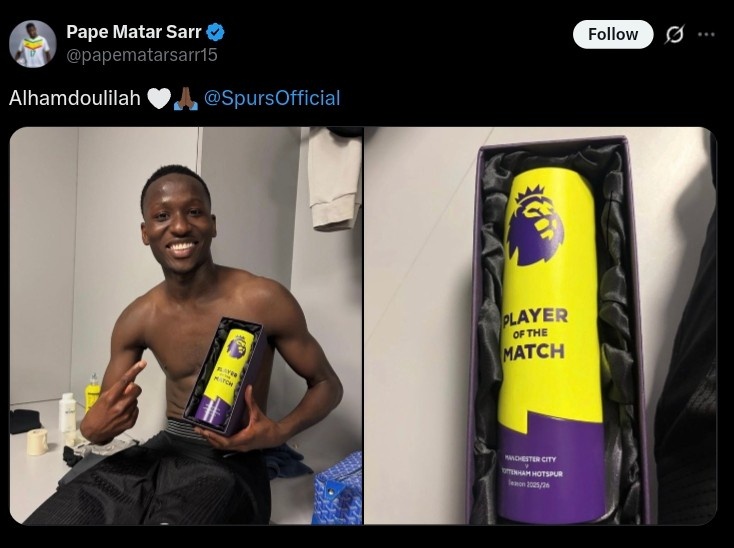 薩爾當選英超官方熱刺2-0曼城全場(chǎng)最佳，球員社媒曬合照慶祝