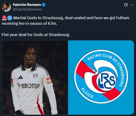 Here We Go！羅馬諾：富勒姆前鋒馬夏爾-戈多轉會(huì )斯特拉斯堡
