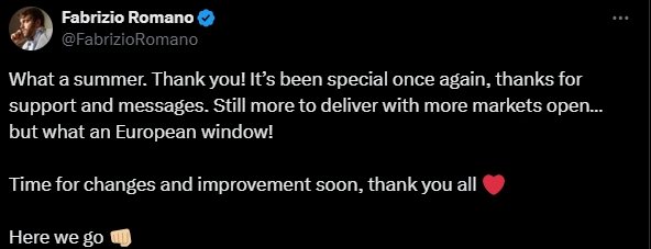 冬窗再見(jiàn)！夏窗正式關(guān)窗，羅馬諾感謝球迷：難忘的夏天，謝謝大家