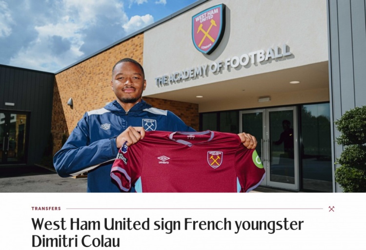 官方：西漢姆簽下巴黎FC19歲后衛科勞，球員將在U21效力