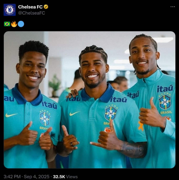 ????入選本期巴西隊，切爾西社媒曬若昂-佩德羅等三人合照