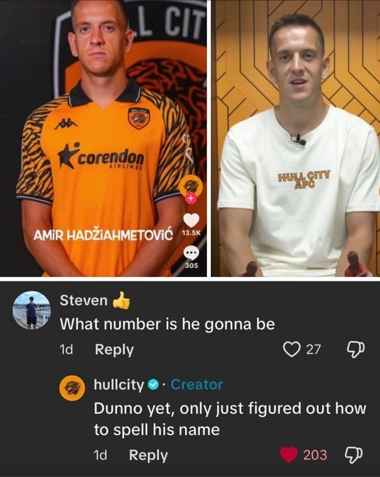 皮一下很開(kāi)心！赫爾城社媒打趣：新援穿幾號？才知道他名字怎么拼