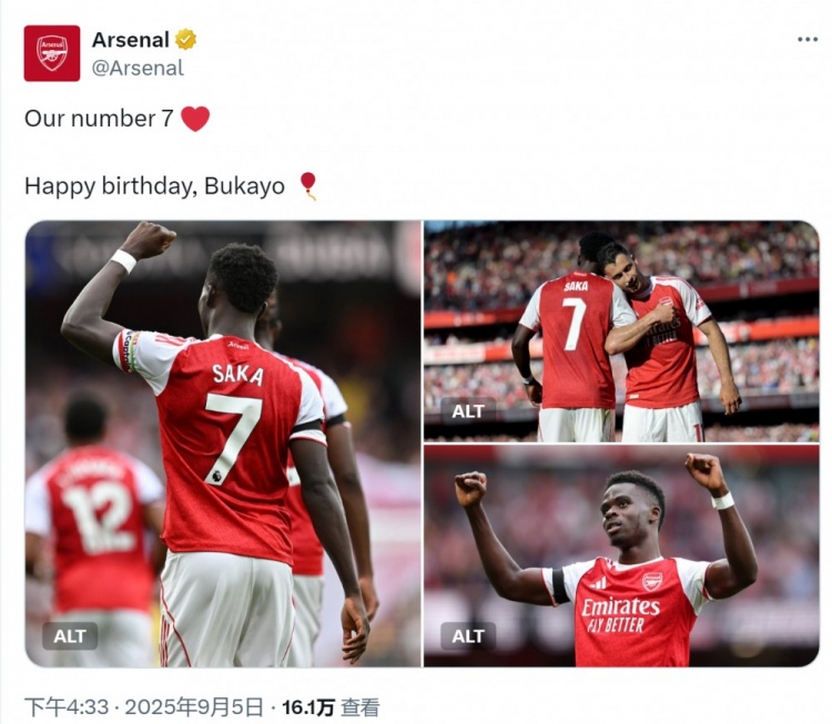 阿森納官方祝薩卡24歲生日快樂(lè )，球員為槍手出戰265場(chǎng)71球71助