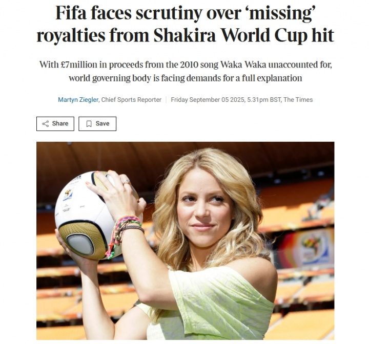 700萬(wàn)鎊去向不明！英媒：FIFA被要求解釋《Waka Waka》的版稅用途