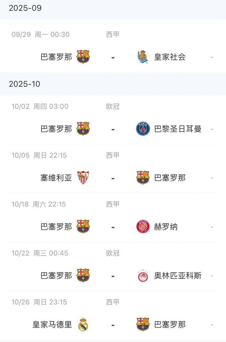 太難了！巴薩后續賽程：下周1周3賽，十月初踢巴黎十月底國家德比