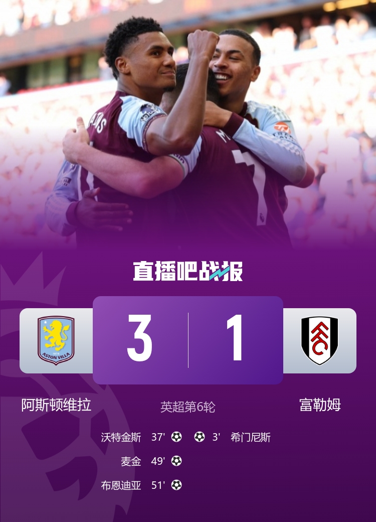 英超首勝！維拉3-1逆轉富勒姆 沃特金斯賽季首球卡什手球未判點(diǎn)