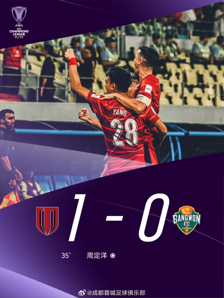 取得亞冠正賽首勝！成都蓉城1-0戰勝江原FC，周定洋獲得本場(chǎng)最佳